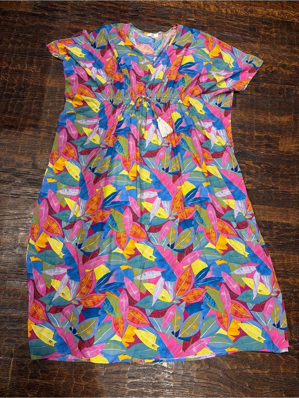 entro Tropical Leaf-Print Maxi Dress Vibrant Tassel waist Resortwear